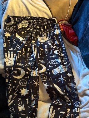 Black Graphic Stretchy Pants with White Mystical Print Witchey Pictures XL